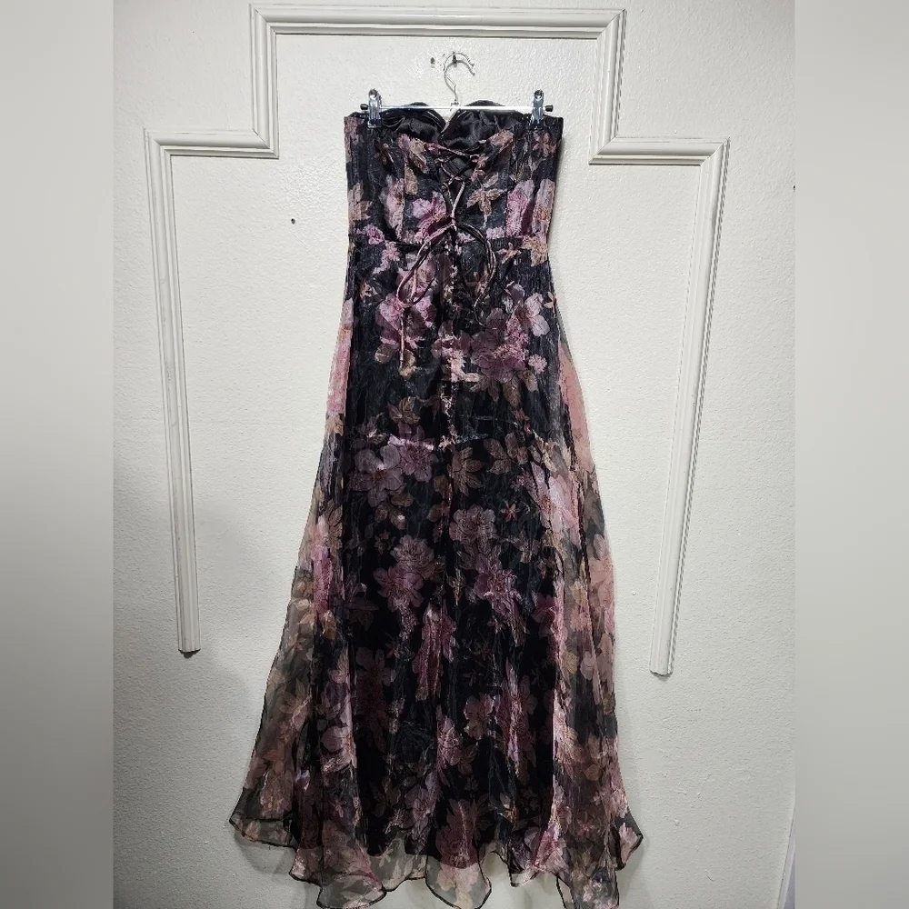 Lulus Exclusive Glamour Black Floral Organza Strapless Maxi Dress S Wedding